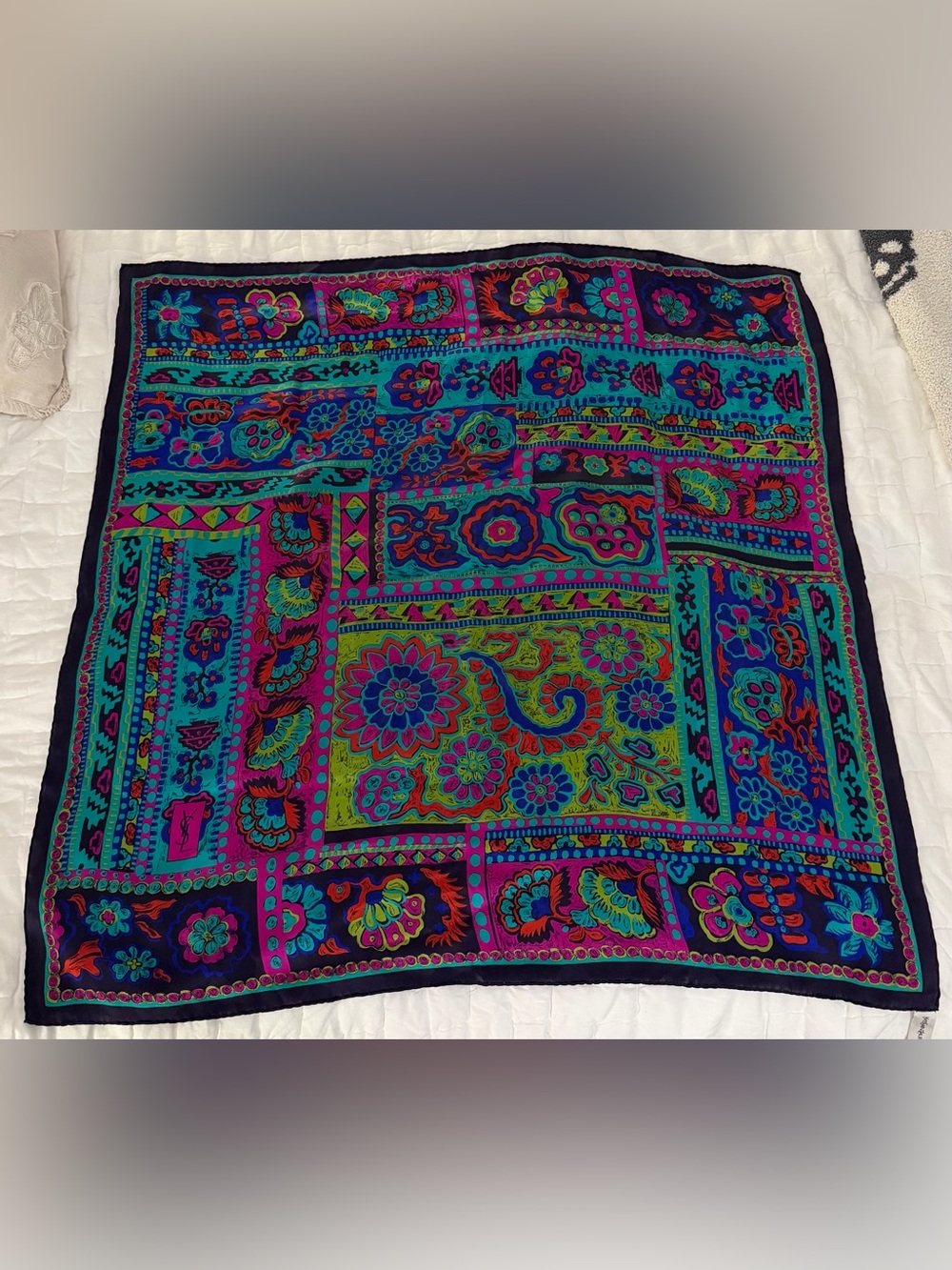 Vintage Yves Saint Laurent Large Silk Scarf Floral Boho Abstract Vibrant Colors